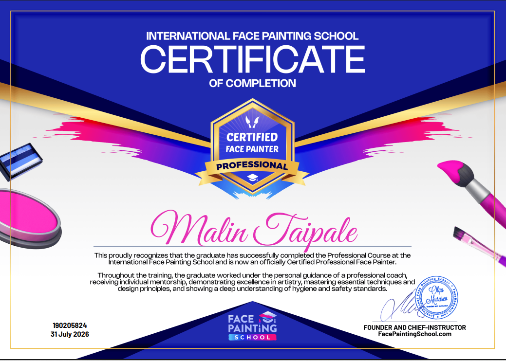Hösten är här – och Cheeky Colours har blivit certifierad! Diplom från International Face Painting School – Certifierad ansiktsmålare Malin Taipale Cheeky Colours Göteborg